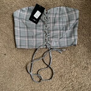 Fashion Nova Black and White Plaid Lace-Up Top